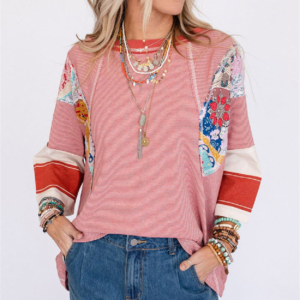 Thin Striped Color Matching Long Sleeve Casual Loose Pullover