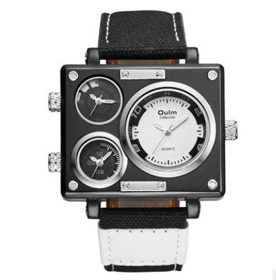 Men's Multi Time Zone Canvas Square Dial Plate Watch