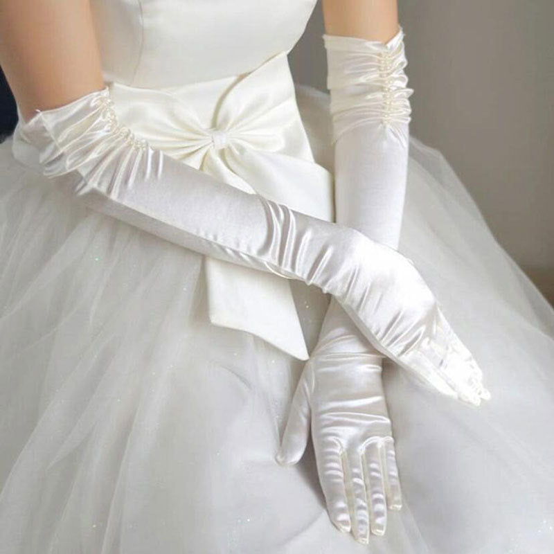 Double-row Beaded Satin Sun Protection Scar Cover Up Oversleeve Bridal Wedding Gloves