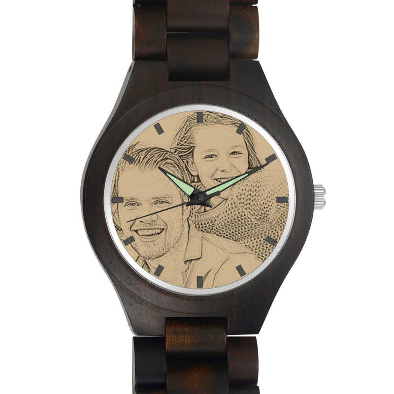 Men's Engraved Wooden Photo Watch Wooden Strap 45mm