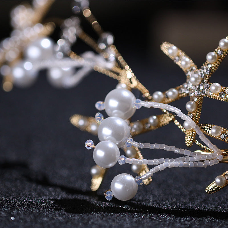 Beautiful Diamond Headband Starfish Pearl Hair Ornament Starfish Wedding Dress Jewelry